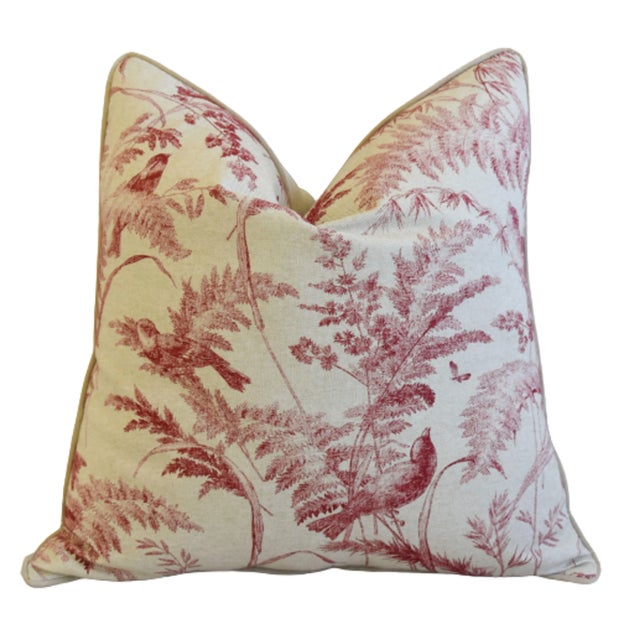 French Botanical & Birds Toile Linen Feather/Down Pillow 24" Square For Sale In Los Angeles - Image 6 of 6