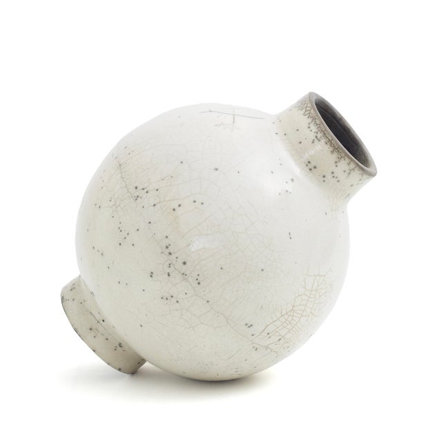 Japanese Modern Minimalist Dome L Vase Raku Ceramic White Crakle For Sale - Image 6 of 7