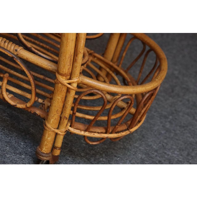 Vintage Italian Oval Bar Cart / Trolley on Caster Wheels in Bamboo and Rattan For Sale - Image 16 of 18