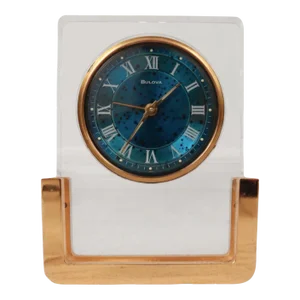 Modernist Lucite & Brass Table Alarm Clock by Bulova