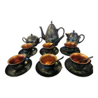 Antique Chinoiserie Black and Gold Hand Painted Lacquer Tea Set- 18 Pieces For Sale