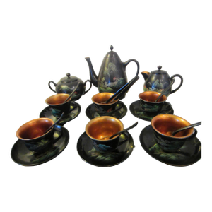 Antique Chinoiserie Black and Gold Hand Painted Lacquer Tea Set- 18 Pieces