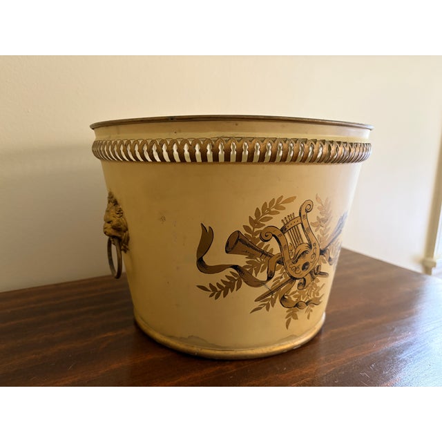 Metal Antique French Neoclassical Yellow Tole Cachepot With Lion-Head Handles For Sale - Image 7 of 12