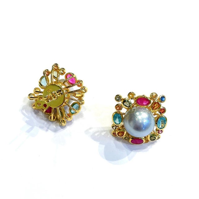Bochic “Orient” Retro Pearl, Ruby & Multi Gem Earrings Set In 18K Gold & Silver, 2 pieces For Sale - Image 9 of 12