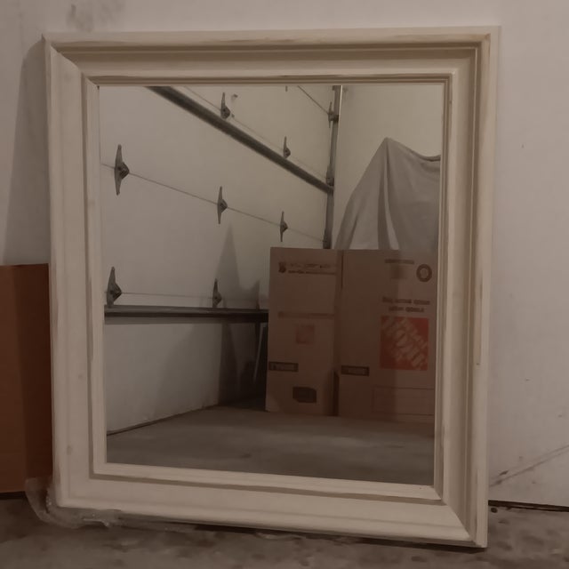 Vintage Antique White Solid Wood Framed Mirror With Natural Knotting Grain. The natural patina of the knotting grain in...