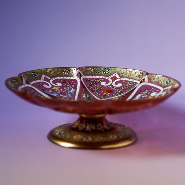 Victorian Late 19th Century Moser Cranberry Glass Gilt & Enameled Footed Compote For Sale - Image 3 of 10