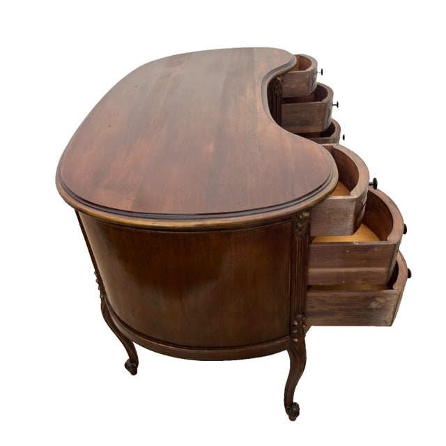Vintage French Desk Kidney Shaped Vanity Seven Carved Drawers Petite Size For Sale - Image 4 of 12