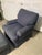Custom Made Vintage Upholstered Lounge Chair and Ottoman Set Upholstered in Navy Linen For Sale - Image 4 of 9