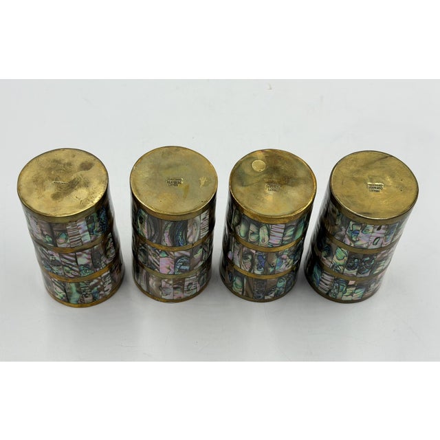 1950s Alfredo Villasana Taxco Brass & Abalone Pitcher and Tumblers - Set of 5 For Sale - Image 16 of 18