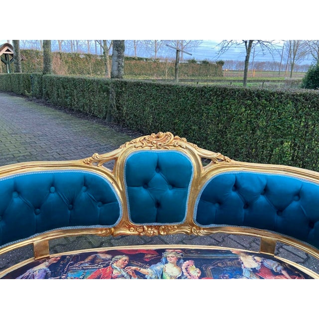 Indulge in refined European elegance with this 1970s French Louis XVI–style corbeille settee, a beautifully crafted and...