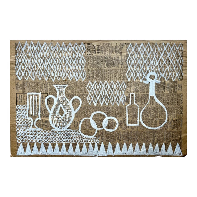 "Still Life in White" Robert Gilberg 1950s Gouache on Newspaper For Sale