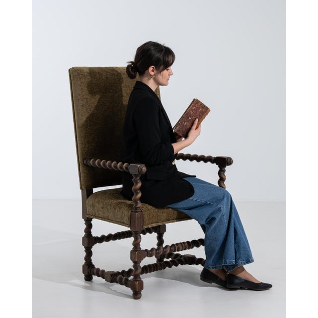 19th Century Louis XIII Style Wooden Throne Chair with Upholstery Mustard For Sale - Image 14 of 15