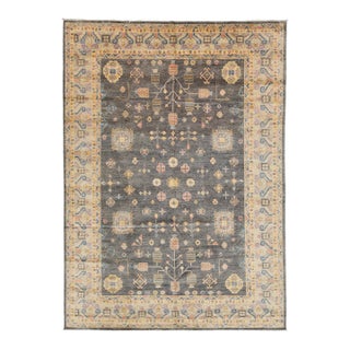 Modern Khotan Style Charcoal Grey & Gold Handmade Wool Rug 10x14 For Sale