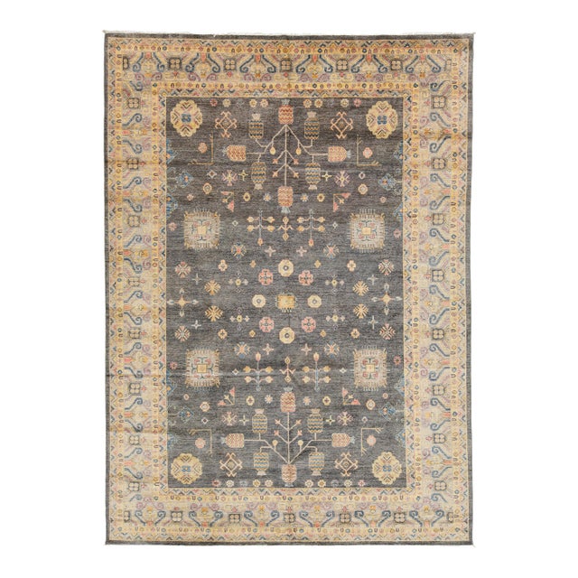 Modern Khotan Style Charcoal Grey & Gold Handmade Wool Rug 10x14 For Sale