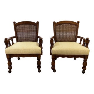 Pair of 1970s Kane Back Captain’s Chairs Antiqued Walnut Stained Frames - New Seat Cushions With New Upholstery. For Sale