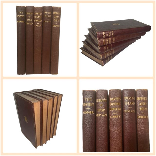 5 Vintage Classic Books - Odyssey, Rubiáyát, Dante, Treasure Island, Emerson All books are reddish brown faux leather...