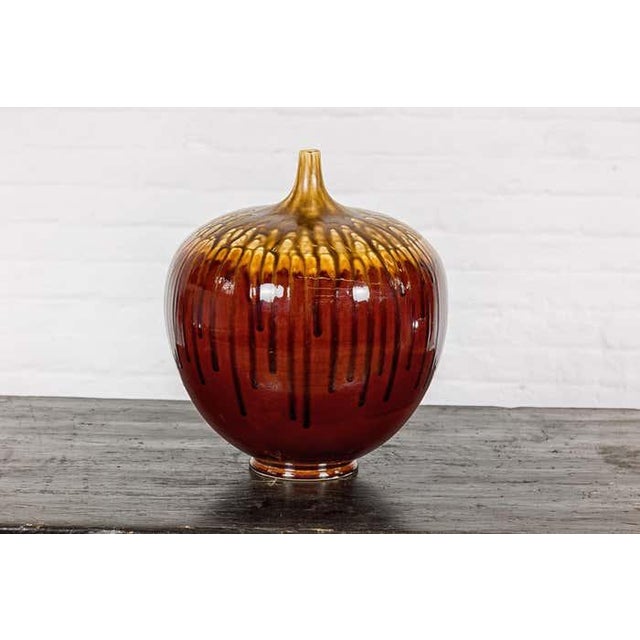 Hand-Crafted Artisan Tri-Color Brown Vase with Rounded Silhouette and Dripping For Sale In New York - Image 6 of 12