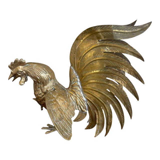 Vintage Sculptural Rooster Figurine in Possibly Brass With Oversized Tail Feathers. For Sale