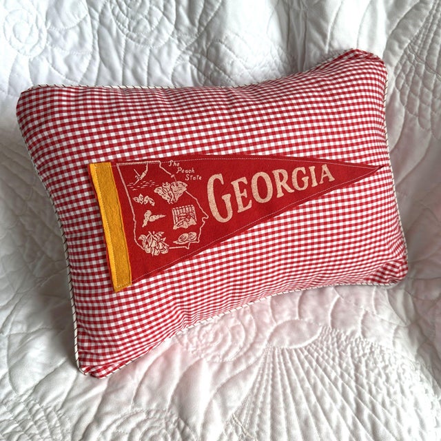 American Georgia Vintage Red Pennant on New Woven Plaid Throw Pillow For Sale - Image 3 of 4