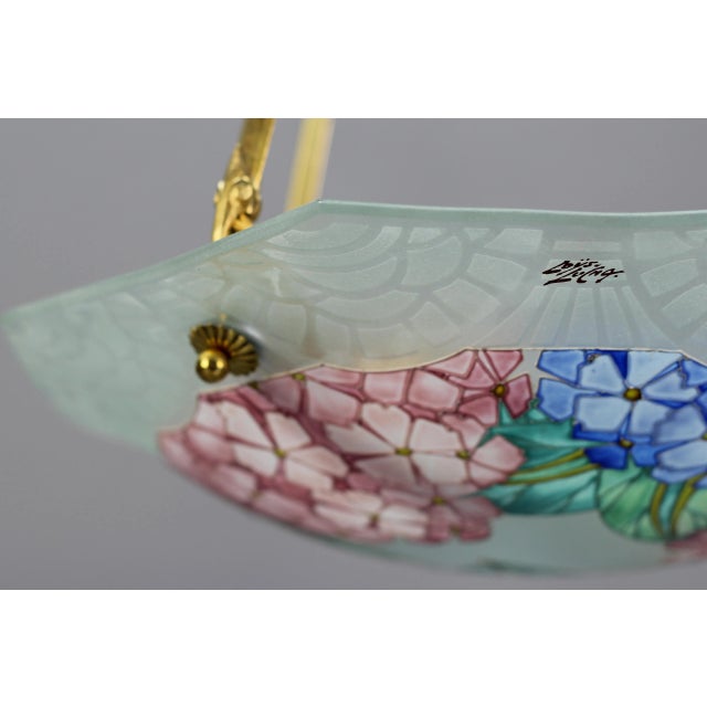 Art Deco Enameled Glass Four-Light Pendant Chandelier from Loys Lucha, 1930s For Sale - Image 3 of 18