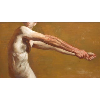 Heavy Arms by Zack Zdrale | Oil on panel depiction of a muscular figure stretching arms. For Sale