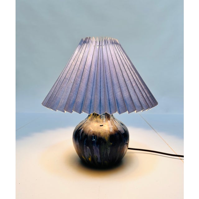 Danish Studio Ceramic Table Lamp with Pleated Lampshade, 1960s For Sale - Image 4 of 16
