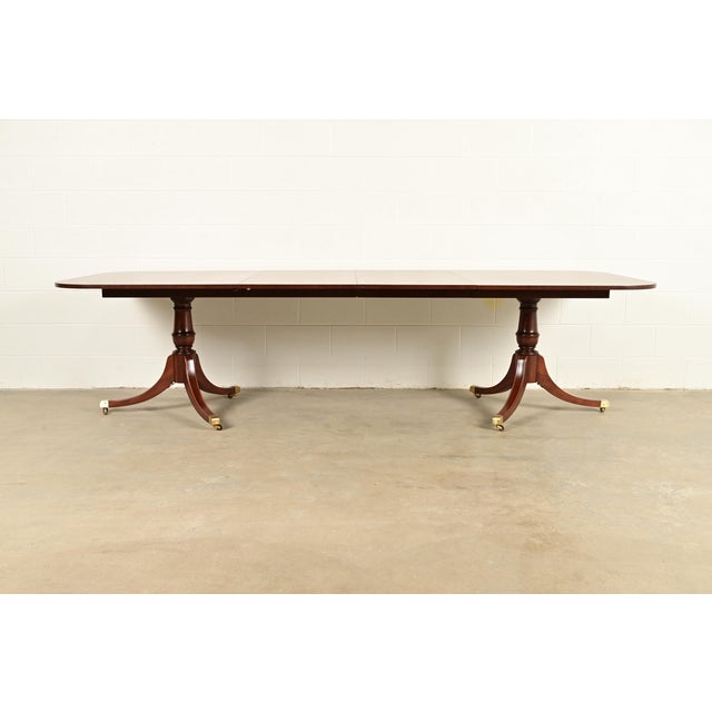 English Baker Furniture Style Georgian Mahogany Double Pedestal Extension Dining Table, Newly Refinished For Sale - Image 3 of 14