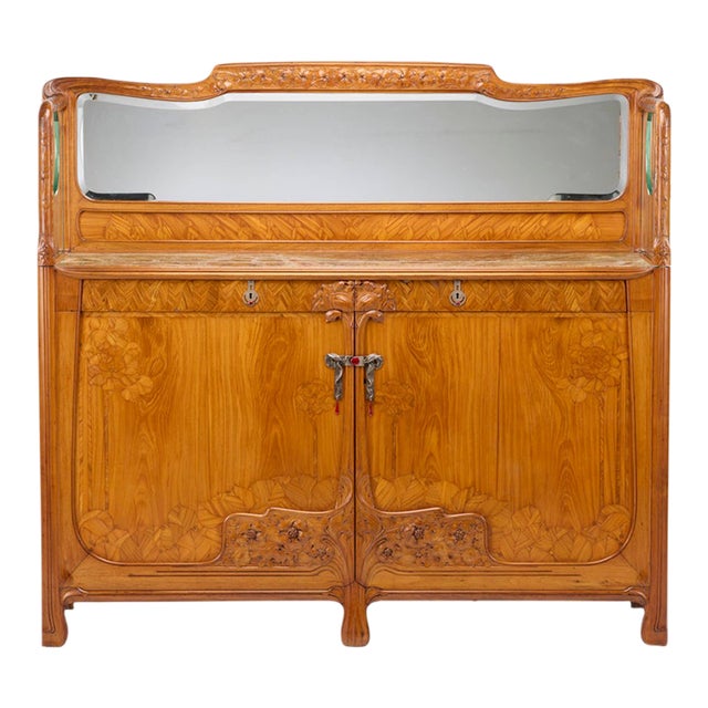 Antique Art Nouveau Style Oak & Mahogany Sideboard With Mirrored Backdrop For Sale
