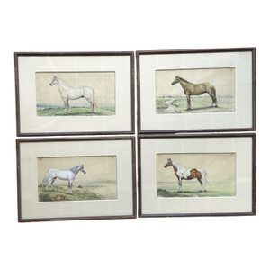 Vintage Equestrian Watercolor Prints in Wood Frames - Set of 4