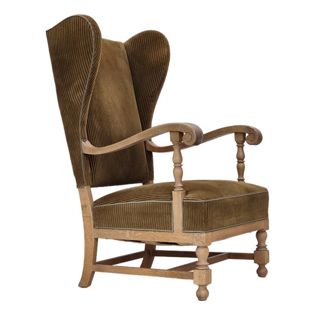 Scandinavian Wingback in Corduroy and Carved Oak, 1970s For Sale