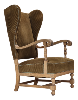 Scandinavian Wingback in Corduroy and Carved Oak, 1970s