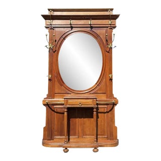 Antique Louis XVI Style Hand-Carved Walnut Hall Tree With Brass Hooks For Sale