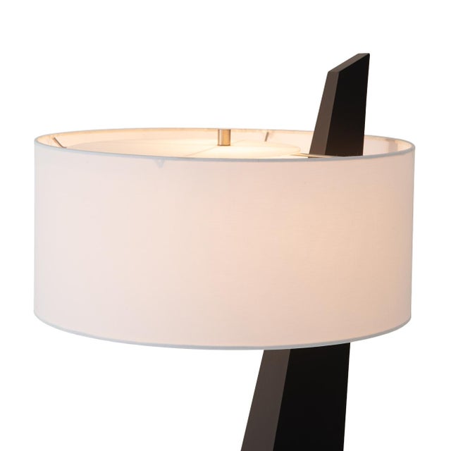 Obelisk Premium Quality 63" Black Oak Floor Lamp, Black Oak Finish, Satin Nickel, White Cotton-Linen Shade, Energy-Efficient Led Compatible For Sale In Los Angeles - Image 6 of 8