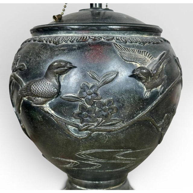 Late 19th Century Antique Japanese Meiji Period Patinated Bronze Vase Table Lamp With High Relief Bird and Flower Silk Pagoda Shade For Sale - Image 5 of 13