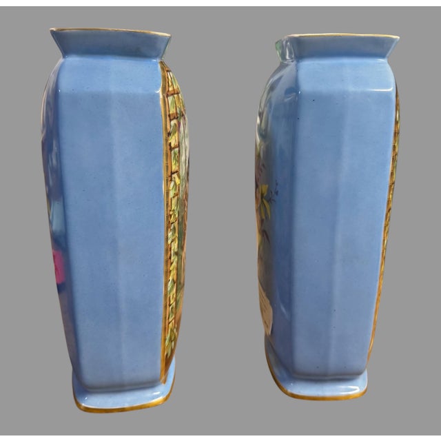 Early 20th Century Antique Old Paris Porcelain Pair Vases Hand Painted Figural Scenes Blue Gilt 11” For Sale - Image 5 of 11