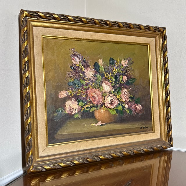 Vintage Floral Oil Painting Framed & Signed a.t For Sale - Image 4 of 8