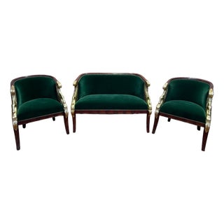 Empire Mahogany Sofa and Armchairs with Gilded Swan Heads, 1950s, Set of 3 For Sale