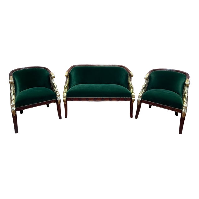 Empire Mahogany Sofa and Armchairs with Gilded Swan Heads, 1950s, Set of 3 For Sale