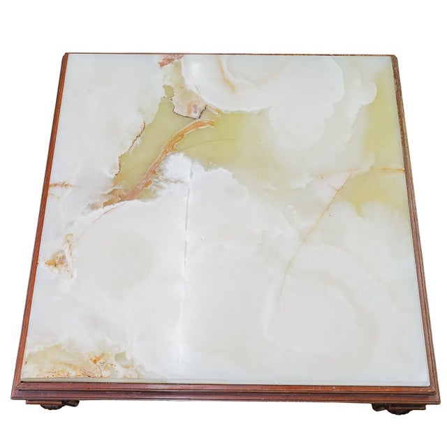 Antique Onyx and Carved Square Wood Coffee Table For Sale - Image 4 of 5