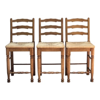 Late 20th Century French Country Ladder Back Rush Seat Counter Stools- Set of 3 For Sale