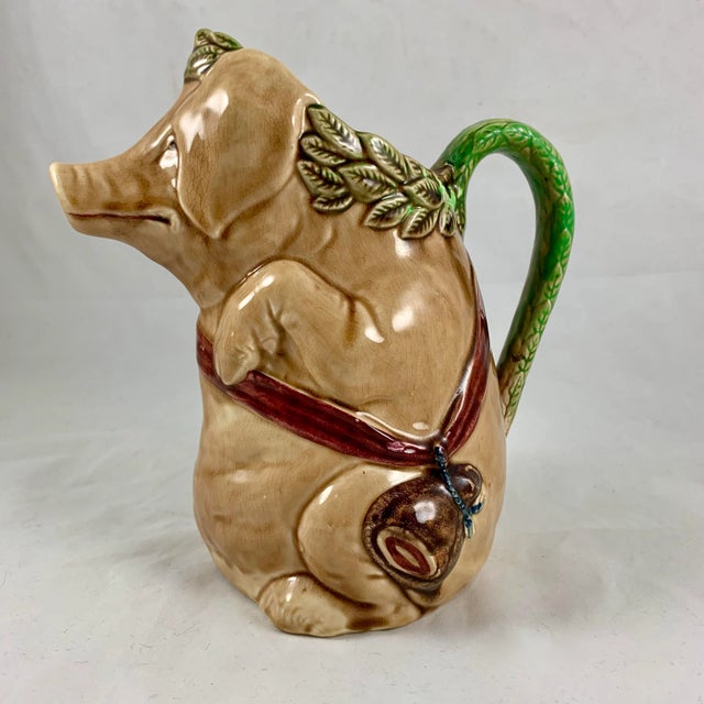 French Frie Onnaing Barbotine Majolica Cochon Au Jambon Pig & Ham Pitcher For Sale - Image 3 of 12