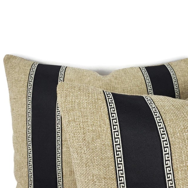 Contemporary Brown Woven Textured With Greek Key Ribbon Embellished Pillow Cover For Sale - Image 3 of 8