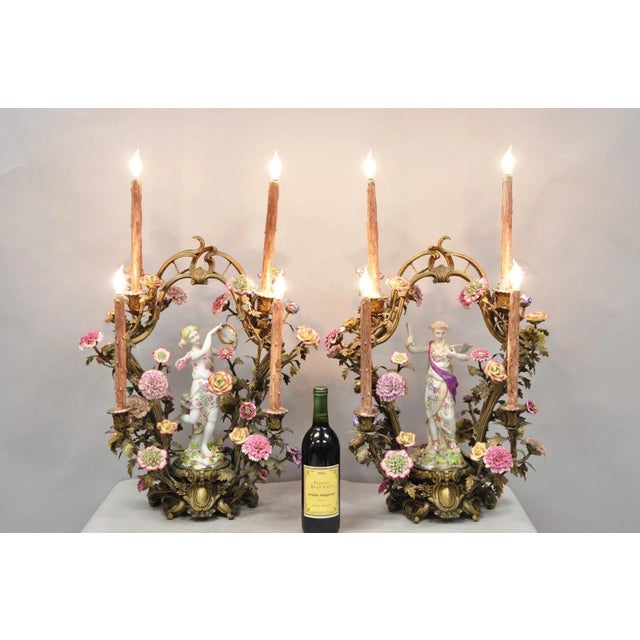 Pair of French Louis XV Style Reproduction Bronze & Porcelain Figural Candelabra Table Lamps by United Wilson Porcelain...