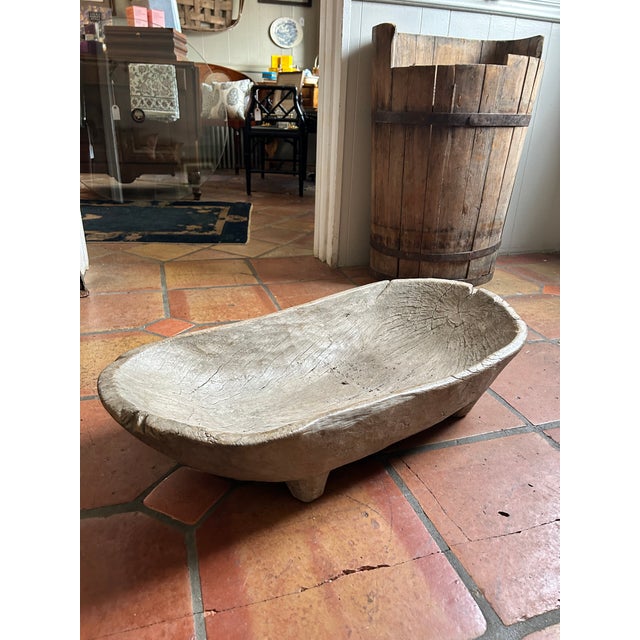 Rare, antique wooden dough bowl originally used for kneading bread and often called a trencher. Estimate 19th century...