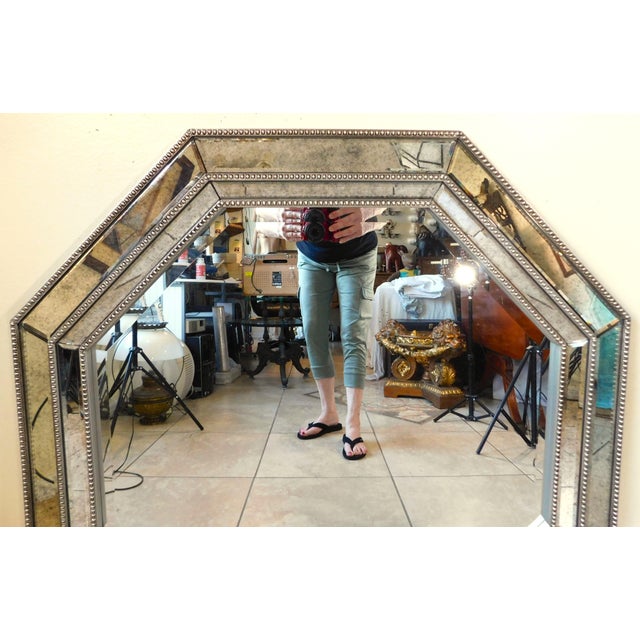 Contemporary Large Vintage Octagon Ornate Silver Hanging Wall Mirror For Sale - Image 3 of 10