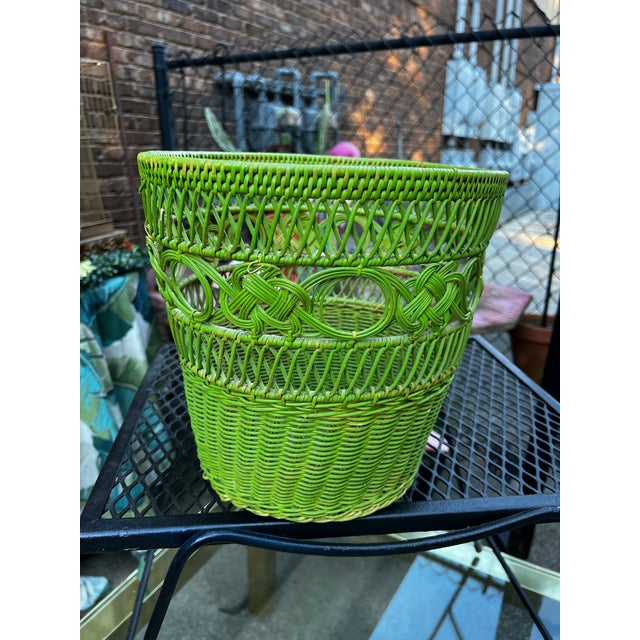 Boho Vintage Lime Green Wicker Basket For Sale - Image 4 of 9