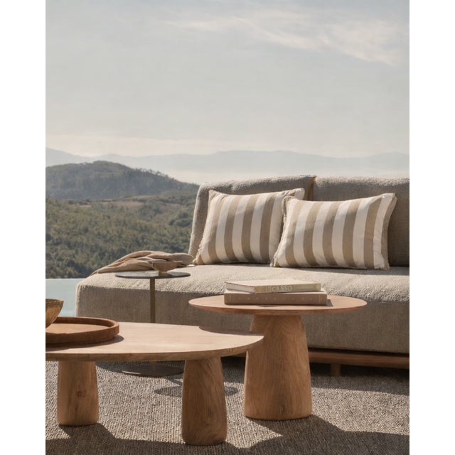Striped Outdoor Happy Frame Pillow Beige and White with Piping For Sale - Image 4 of 5