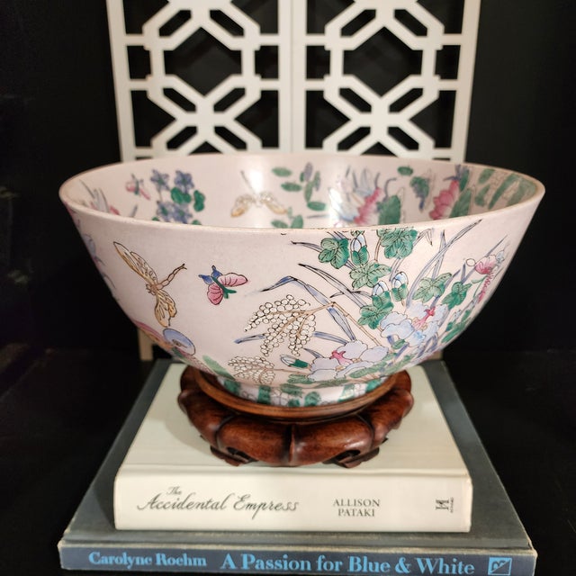Mid 20th Century Large Chinese Famille Rose Porcelain Bowl With Birds, Lotus & Butterflies on Carved Wood Stand For Sale - Image 13 of 13