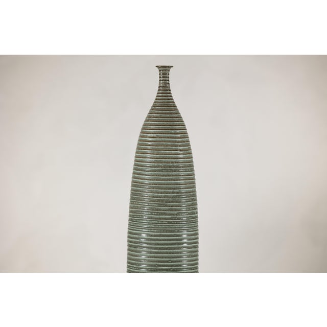 Tall Artisan Ceramic Hand-Crafted Vase with Ribbed Body and Green Glaze For Sale - Image 12 of 16