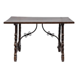 Spanish Walnut Trestle Table With Wrought-Iron Stretcher, 17th Century or Later For Sale